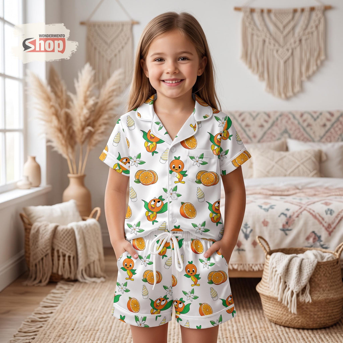 Orange Bird Kids Satin Pajamas Set, Disney Epcot Toddler Short PJs, Family Matching Sleepwear, Summer Vacation Gift for Girls Boys