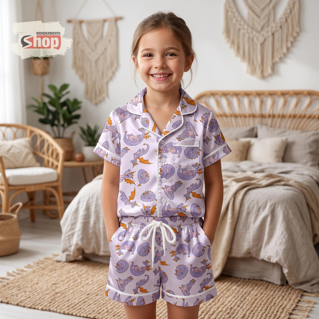 Figment Dragon Kids Satin Pajamas Set, Epcot Toddler Short PJs, Disney Family Matching Sleepwear, Summer Vacation Gift for Girls Boys