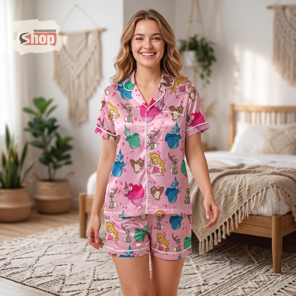 Sleeping Beauty Aurora Women Satin Pajamas Set, Pink Princess Short PJs, Fairy Godmother Sleepwear, Disney Birthday Gift for Women