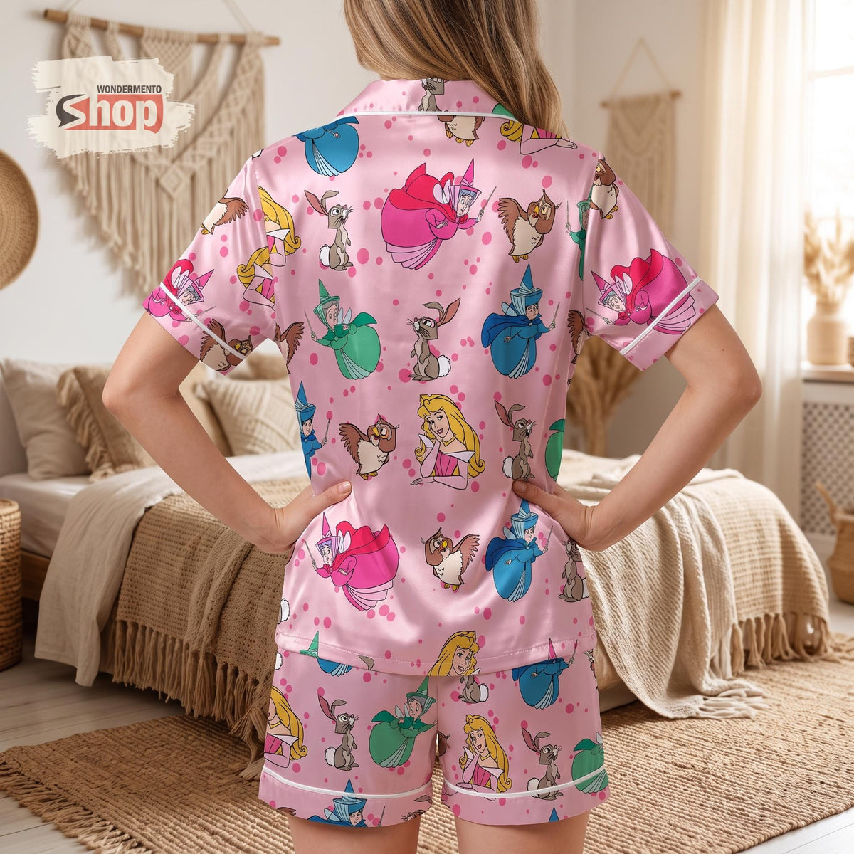 Sleeping Beauty Aurora Women Satin Pajamas Set, Pink Princess Short PJs, Fairy Godmother Sleepwear, Disney Birthday Gift for Women