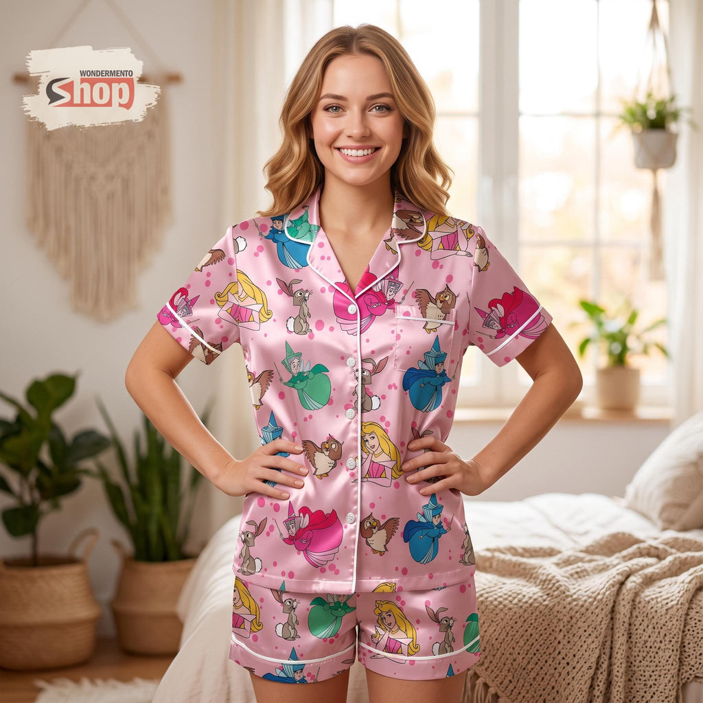Sleeping Beauty Aurora Women Satin Pajamas Set, Pink Princess Short PJs, Fairy Godmother Sleepwear, Disney Birthday Gift for Women