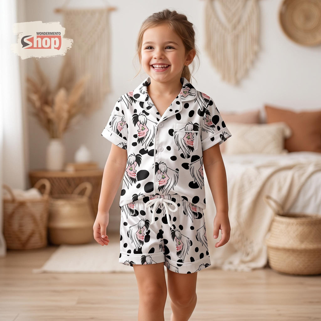 Cruella 101 Dalmatians Kids Satin Pajamas Set, Disney Villain Short PJs, Spooky Season Toddler Sleepwear, Halloween Gift for Girls