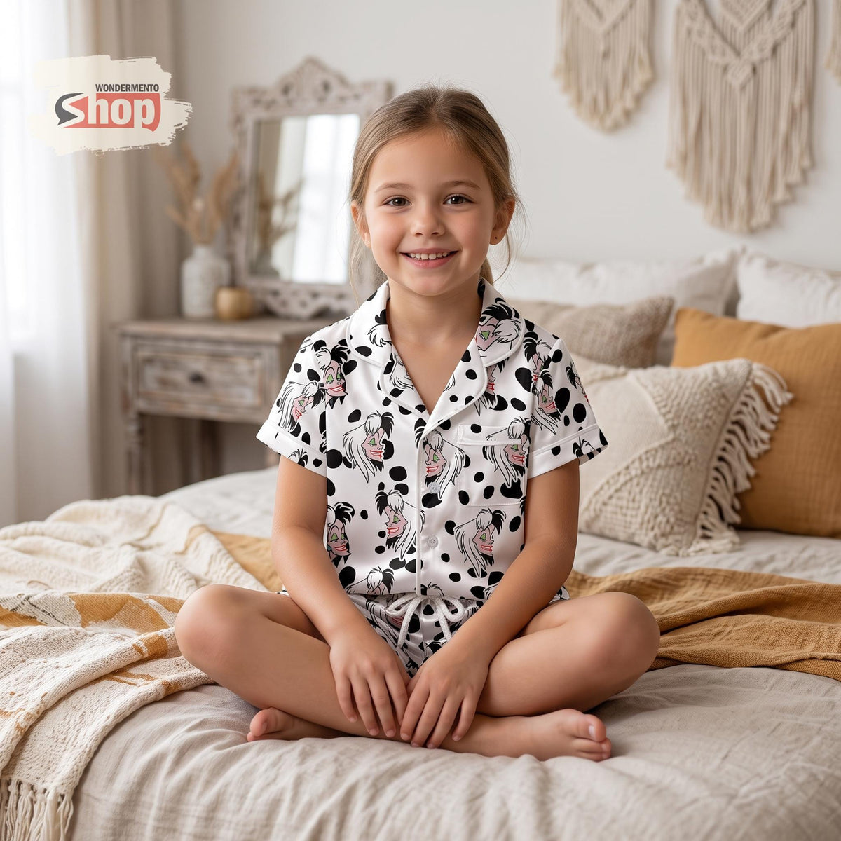 Cruella 101 Dalmatians Kids Satin Pajamas Set, Disney Villain Short PJs, Spooky Season Toddler Sleepwear, Halloween Gift for Girls