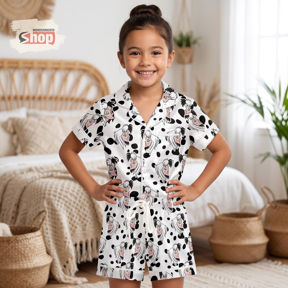 Cruella 101 Dalmatians Kids Satin Pajamas Set, Disney Villain Short PJs, Spooky Season Toddler Sleepwear, Halloween Gift for Girls