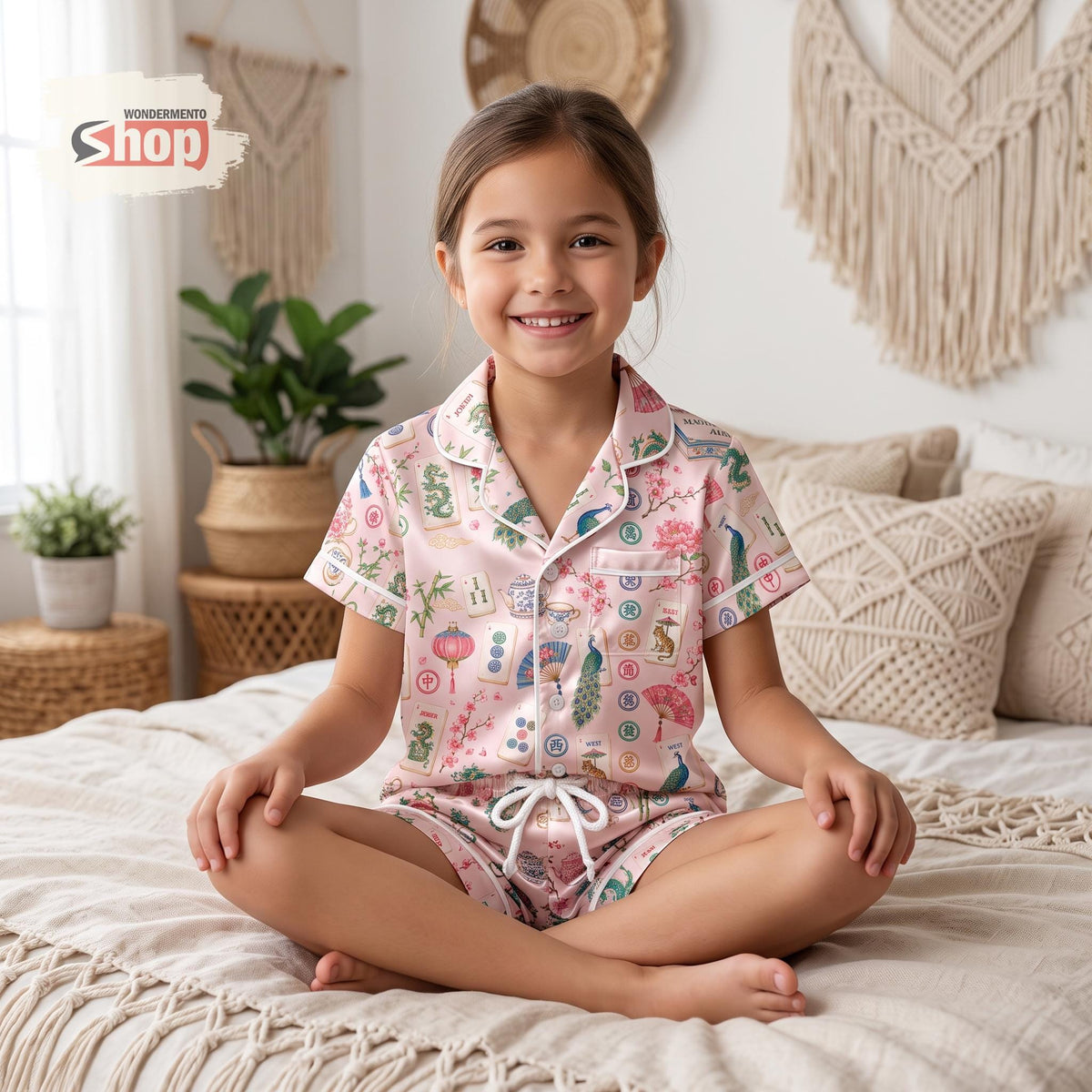 Vintage Mahjong Kids Satin Pajamas Set, Pink Chinoiserie Floral Toddler Short PJs, Asian Art Sleepwear, Mahjong Lover Gift for Girls