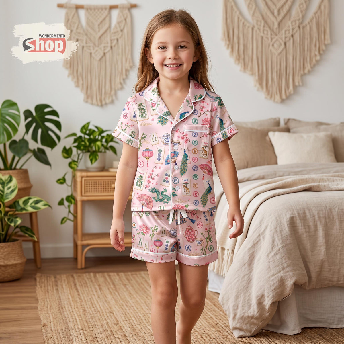 Vintage Mahjong Kids Satin Pajamas Set, Pink Chinoiserie Floral Toddler Short PJs, Asian Art Sleepwear, Mahjong Lover Gift for Girls