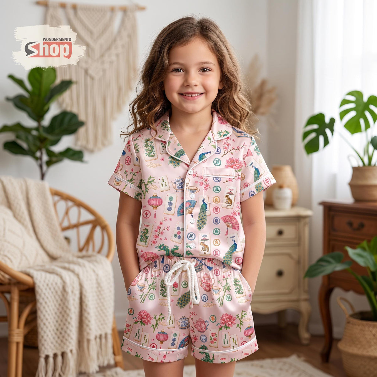 Vintage Mahjong Kids Satin Pajamas Set, Pink Chinoiserie Floral Toddler Short PJs, Asian Art Sleepwear, Mahjong Lover Gift for Girls