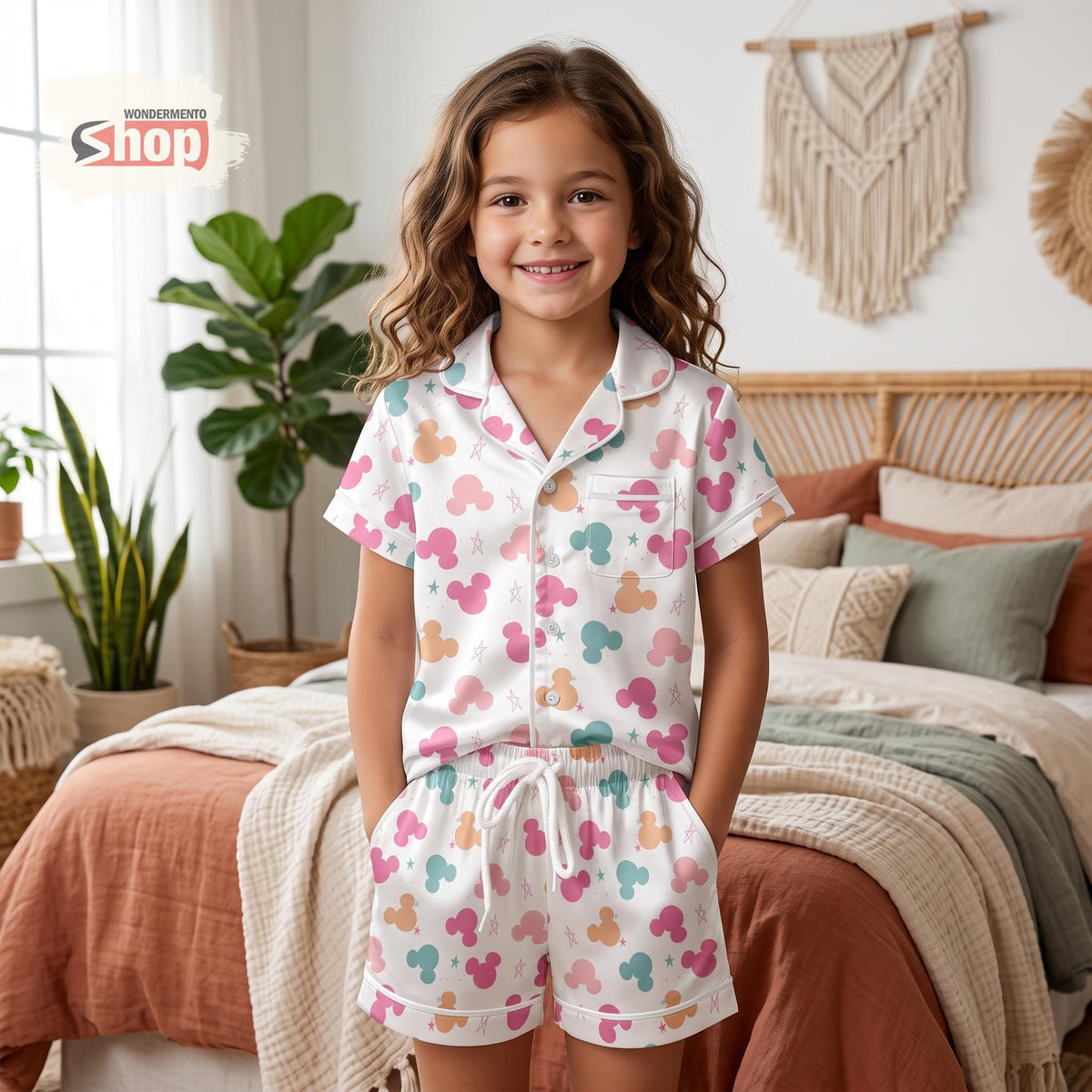 Pastel Mickey Mouse Head Kids Satin Pajamas Set, Girls Disney Toddler Short PJs, Colorful Park Trip Sleepwear, Birthday Gift for Kids