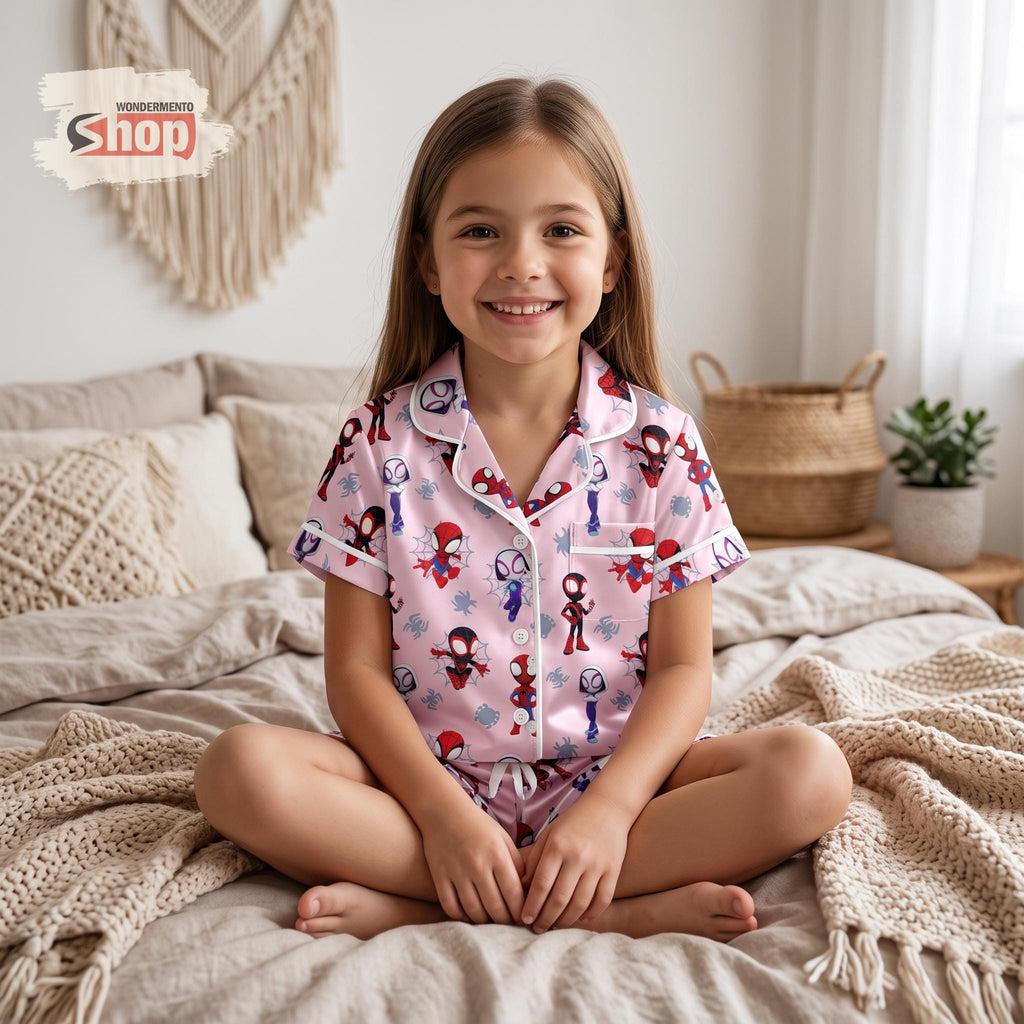 Spider-Man Pink Kids Satin Pajamas Set, Miles Morales and Spider-Gwen Toddler Short PJs, Superhero Sleepwear, Birthday Gift for Girls
