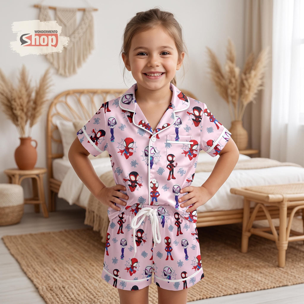 Spider-Man Pink Kids Satin Pajamas Set, Miles Morales and Spider-Gwen Toddler Short PJs, Superhero Sleepwear, Birthday Gift for Girls