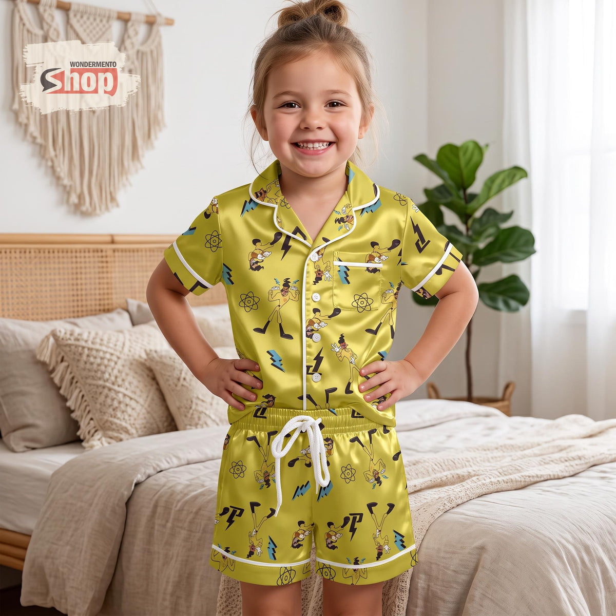 Powerline Max Roxanne Kids Satin Pajamas Set, A Goofy Movie Toddler Short PJs, Yellow Cartoon Sleepwear, Birthday Gift for Girls and Boys