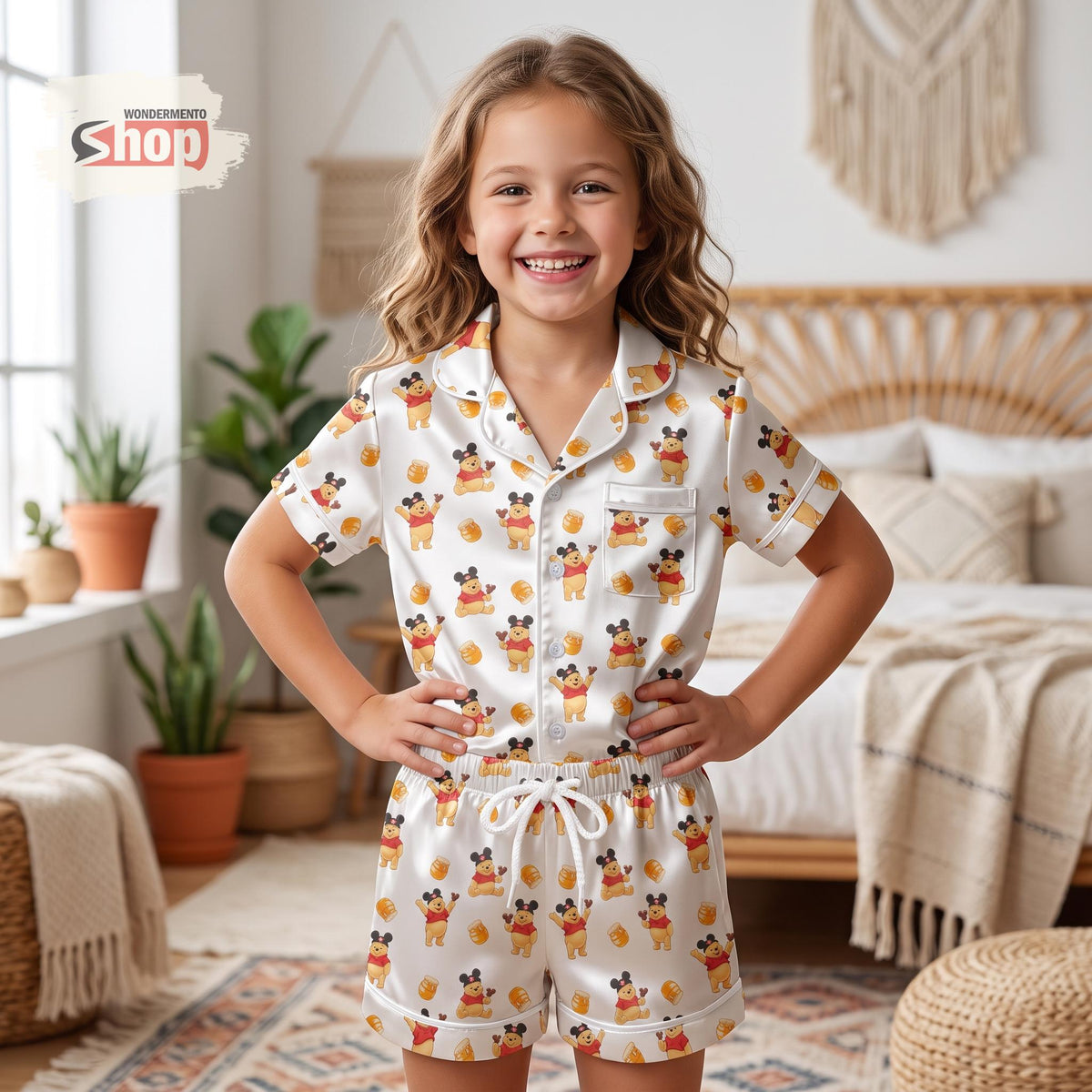 Winnie the Pooh Mickey Ears Kids Satin Pajamas Set, Disney Toddler Short PJs, Bear Sleepwear, Park Trip Outfit, Gift for Girls and Boys