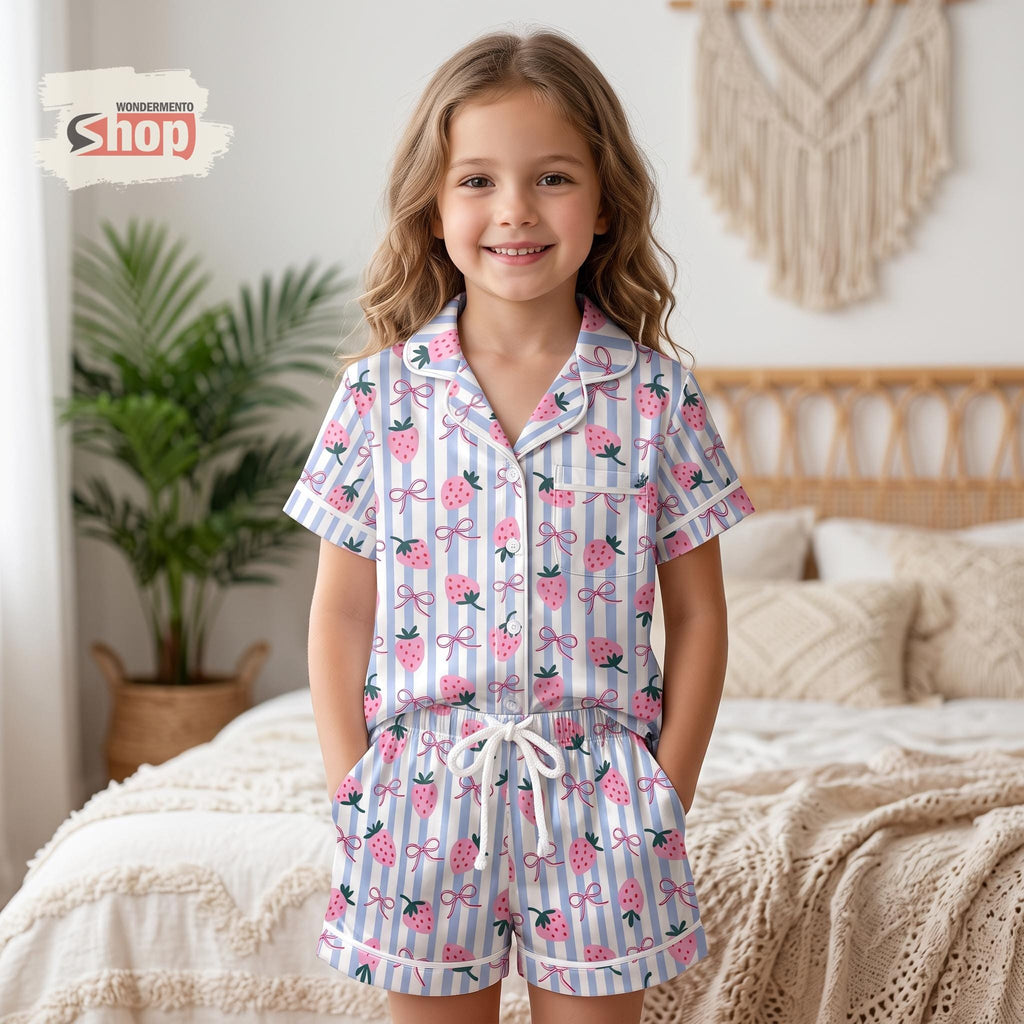 Strawberry Coquette Kids Satin Pajamas Set, Blue Striped Toddler Short PJs, Retro Bow Sleepwear, Sweet Summer Birthday Gift for Girls