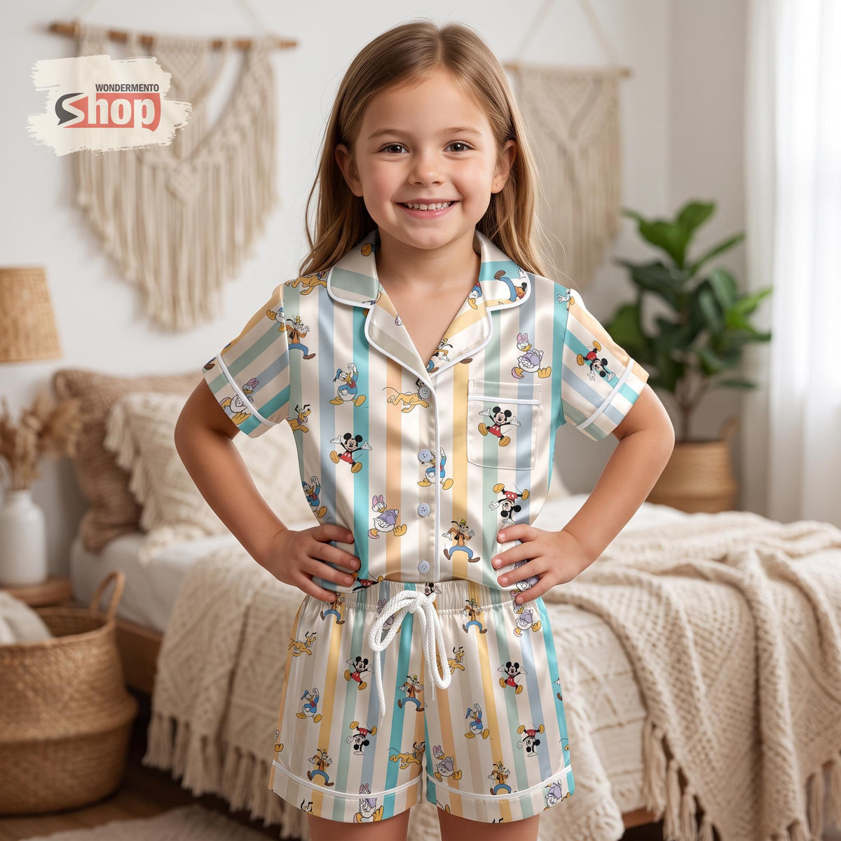 Retro Striped Mickey and Friends Kids Satin Pajamas Set, Disney Toddler Short PJs, Colorful Character Sleepwear, Park Trip Gift for Kids