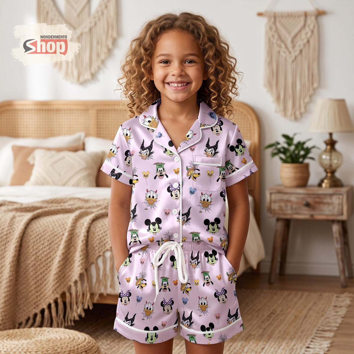 Mickey and Friends Halloween Kids Satin Pajamas Set, Disney Villain Toddler Short PJs, Pink Spooky Season Sleepwear, Gift for Girls