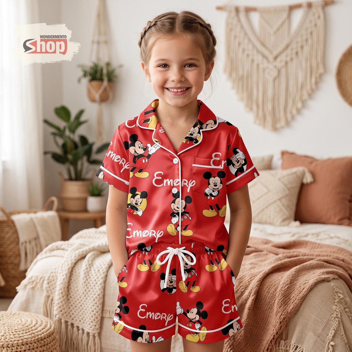 Personalized Mickey Mouse Kids Satin Pajamas Set, Custom Name Red Toddler Short PJs, Disney Sleepwear, Birthday Gift for Girls and Boys