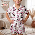 Personalized Minnie Mouse Kids Satin Pajamas Set, Custom Name Pink Toddler Short PJs, Disney Sleepwear, Cute Birthday Gift for Girls