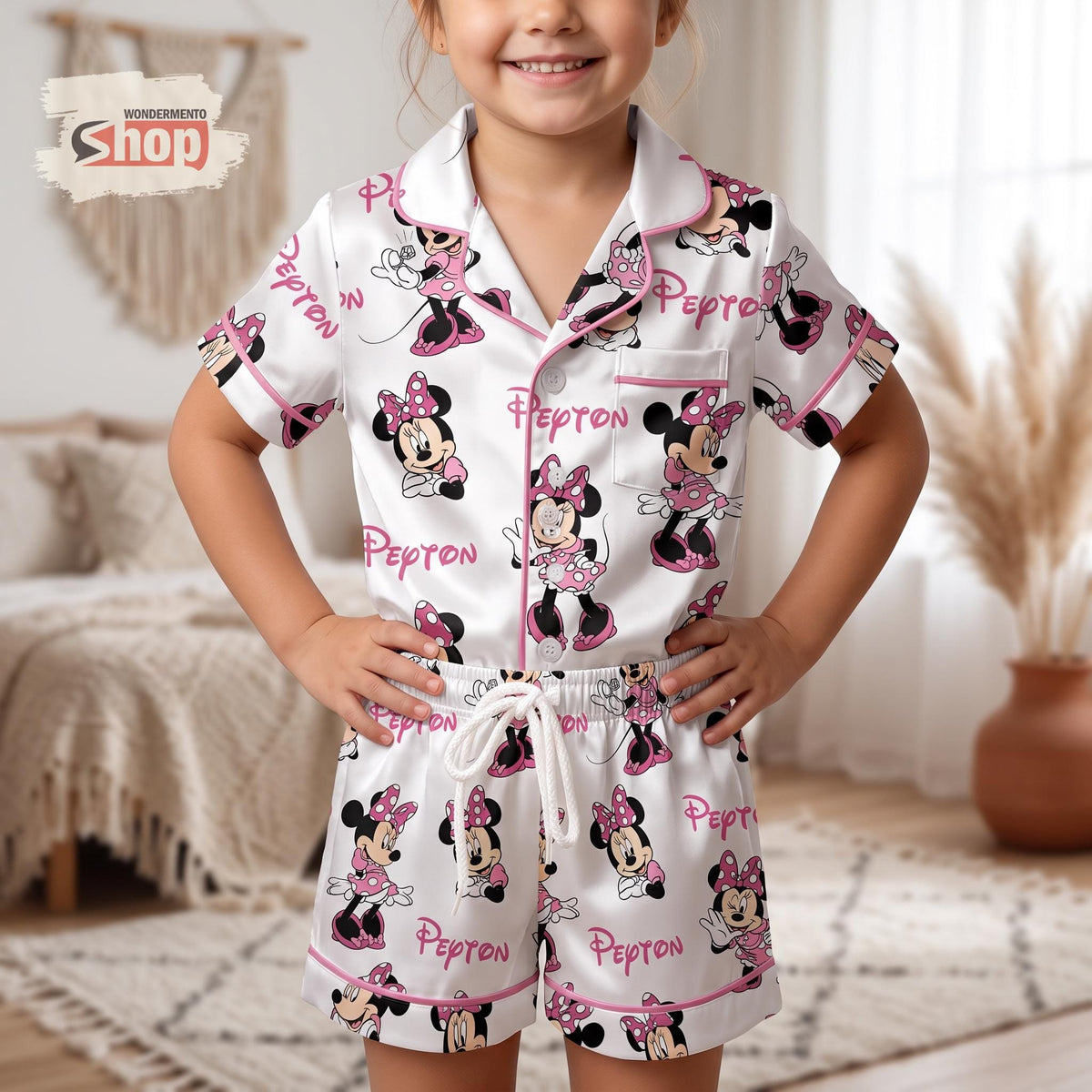 Personalized Minnie Mouse Kids Satin Pajamas Set, Custom Name Pink Toddler Short PJs, Disney Sleepwear, Cute Birthday Gift for Girls