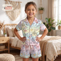Pastel Disney Princess Kids Satin Pajamas Set, Belle Jasmine Castle Toddler Short PJs, Magical Sleepwear, Birthday Gift for Little Girls