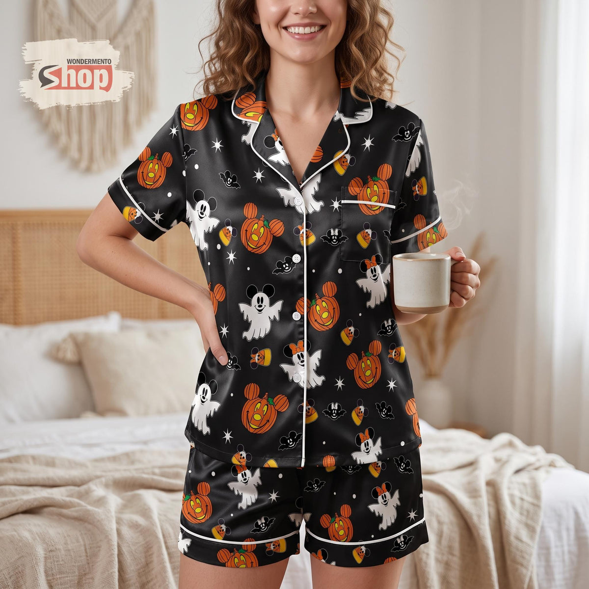 Mickey Minnie Halloween Women Satin Pajamas Set, Boo Ghost Pumpkin Short PJs, Disney Fall Sleepwear, Halloween Party Gift for Women