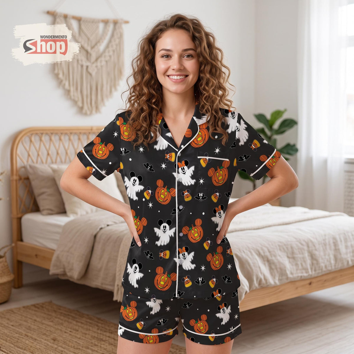 Mickey Minnie Halloween Women Satin Pajamas Set, Boo Ghost Pumpkin Short PJs, Disney Fall Sleepwear, Halloween Party Gift for Women
