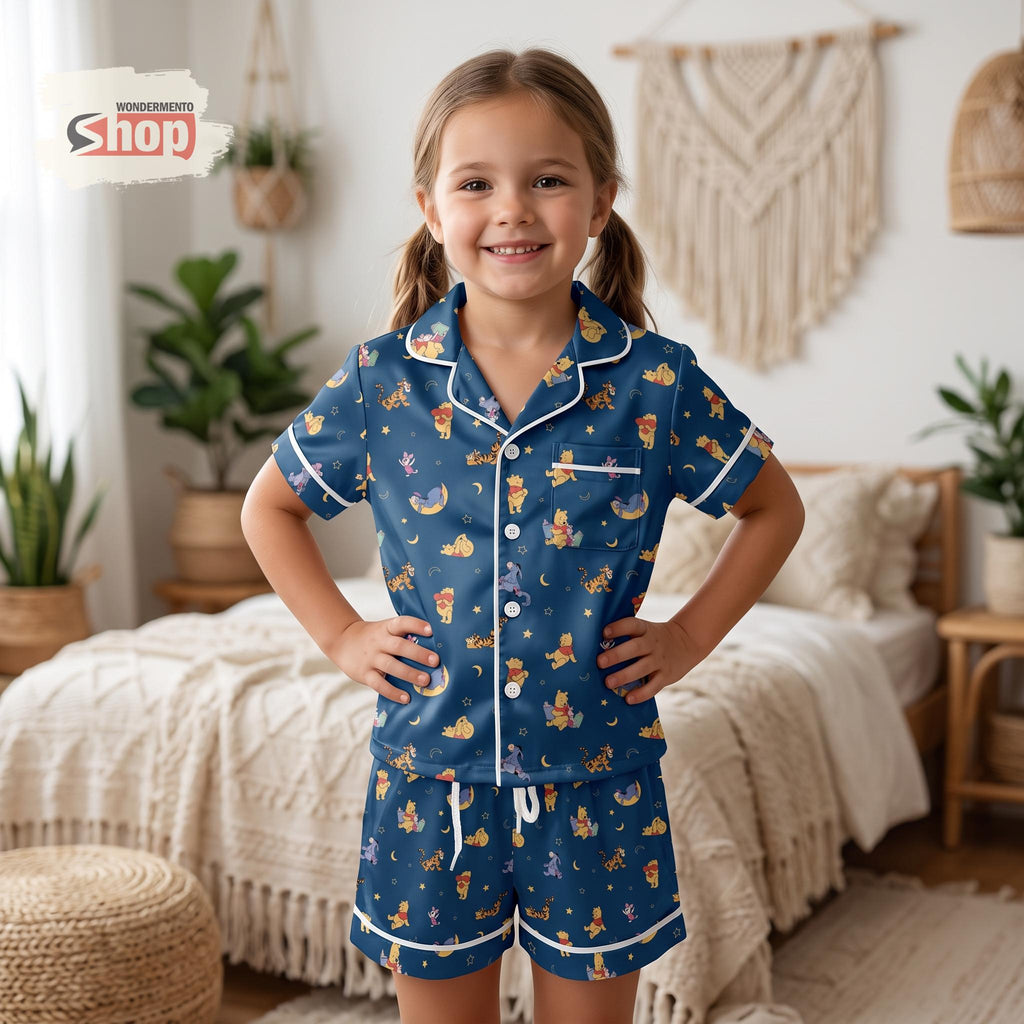 Winnie the Pooh Kids Satin Pajamas Set, Navy Disney Toddler Short PJs, Tigger Piglet Eeyore Sleepwear, Birthday Gift for Girls and Boys