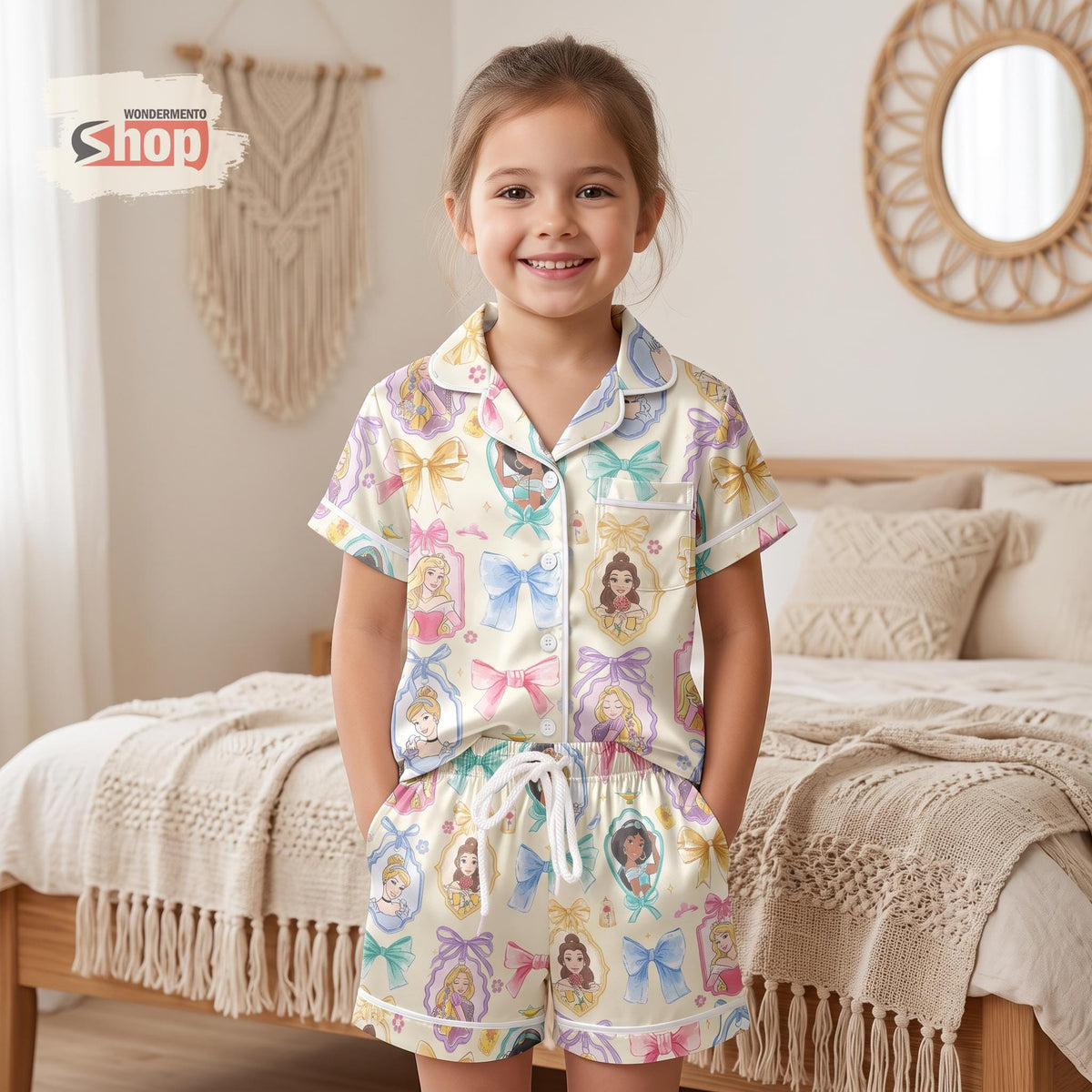 Disney Princess Coquette Bow Kids Satin Pajamas Set, Belle Jasmine Aurora Rapunzel Toddler Short PJs, Disney Vacation Gift for Girls