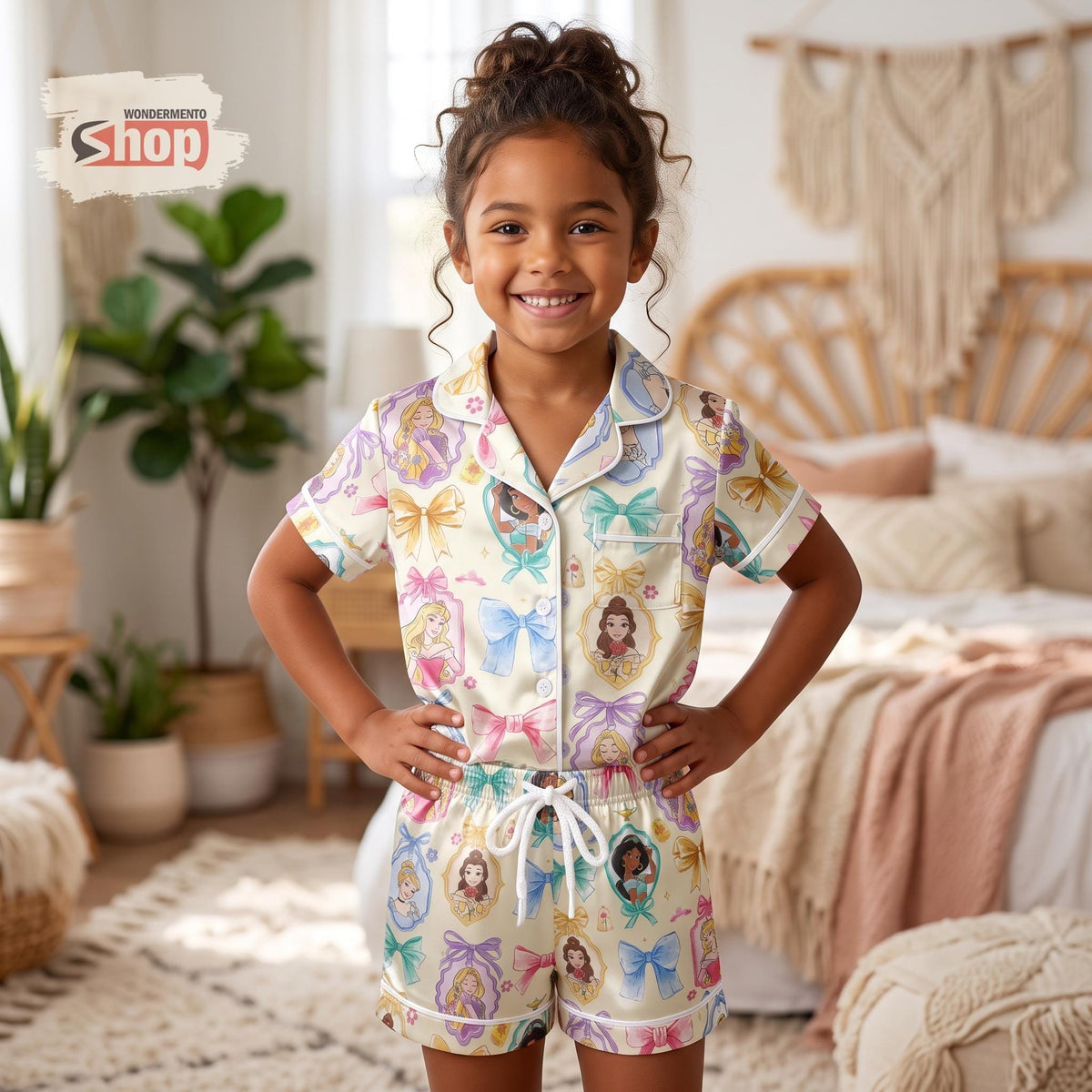 Disney Princess Coquette Bow Kids Satin Pajamas Set, Belle Jasmine Aurora Rapunzel Toddler Short PJs, Disney Vacation Gift for Girls