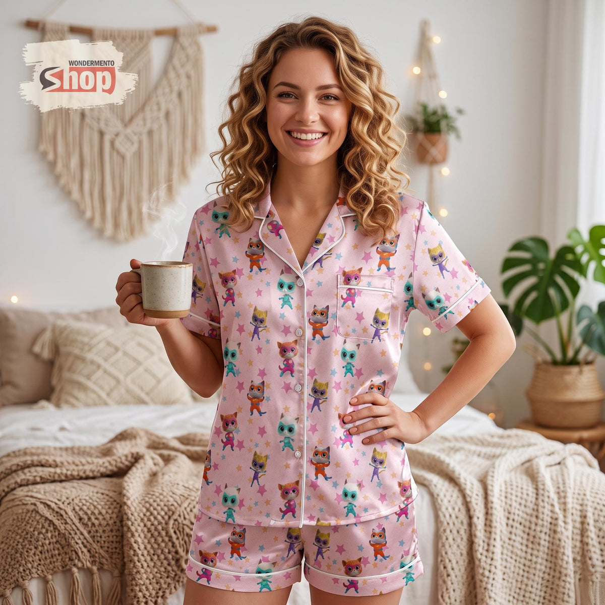 SuperKitties Women Satin Pajamas Set, Pink Disney Cartoon Cat Short PJs, Cute Pink Summer Sleepwear, Birthday Gift for Women and Girls
