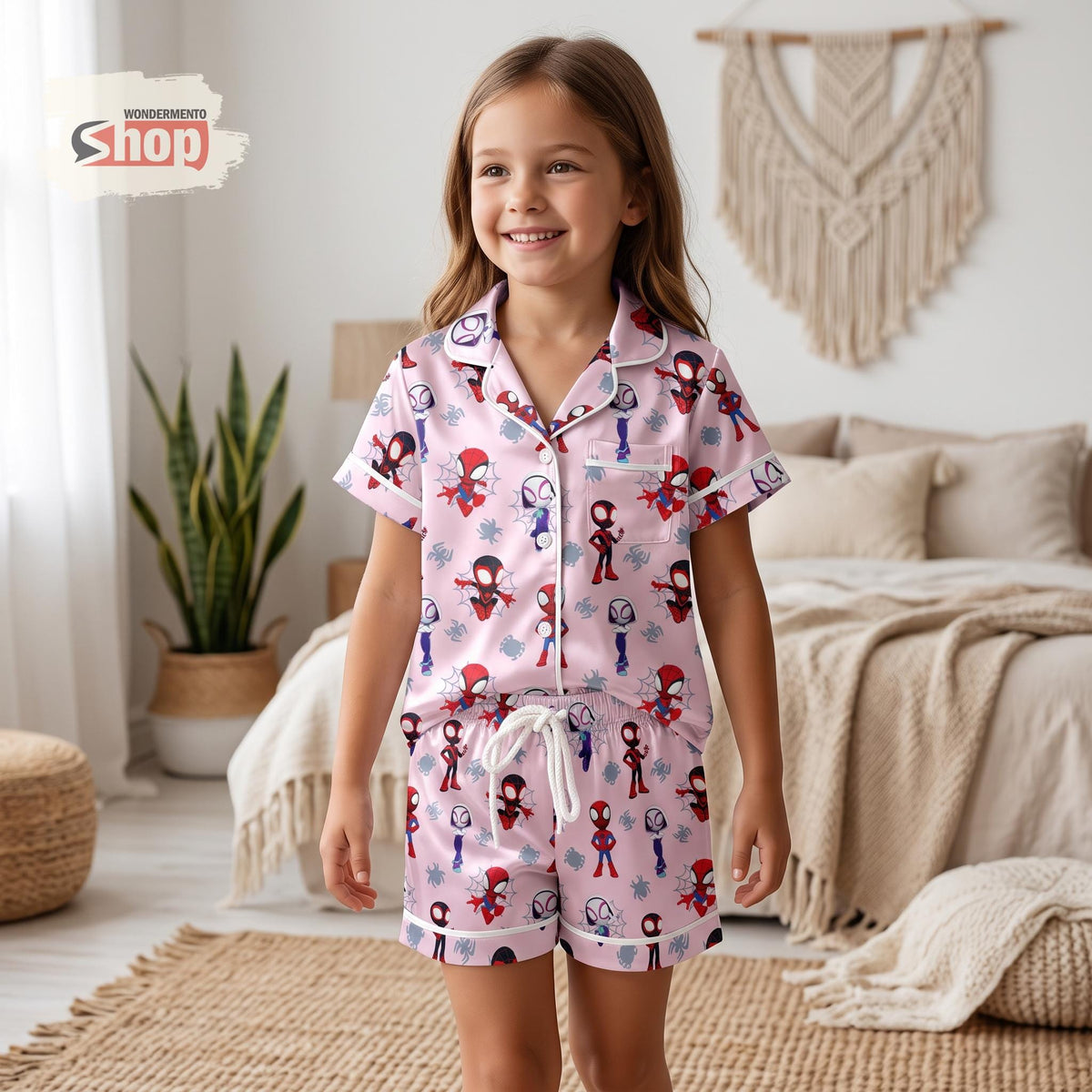 Spider-Man Pink Kids Satin Pajamas Set, Miles Morales and Spider-Gwen Toddler Short PJs, Superhero Sleepwear, Birthday Gift for Girls