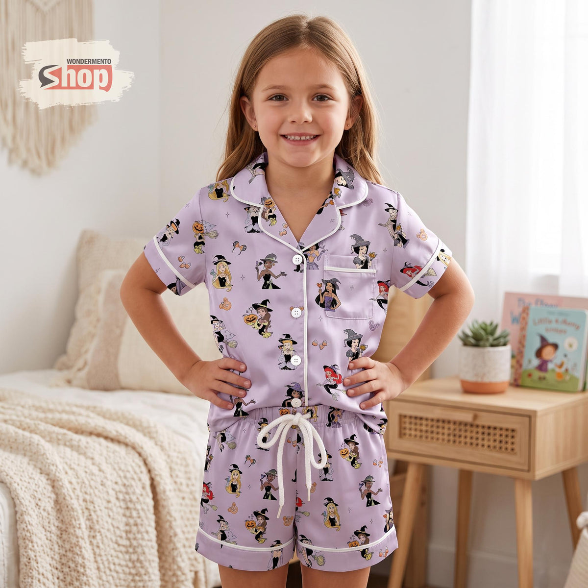 Disney Princess Halloween Kids Satin Pajamas Set, Witch Toddler Short PJs, Purple Spooky Season Sleepwear, Halloween Gift for Girls