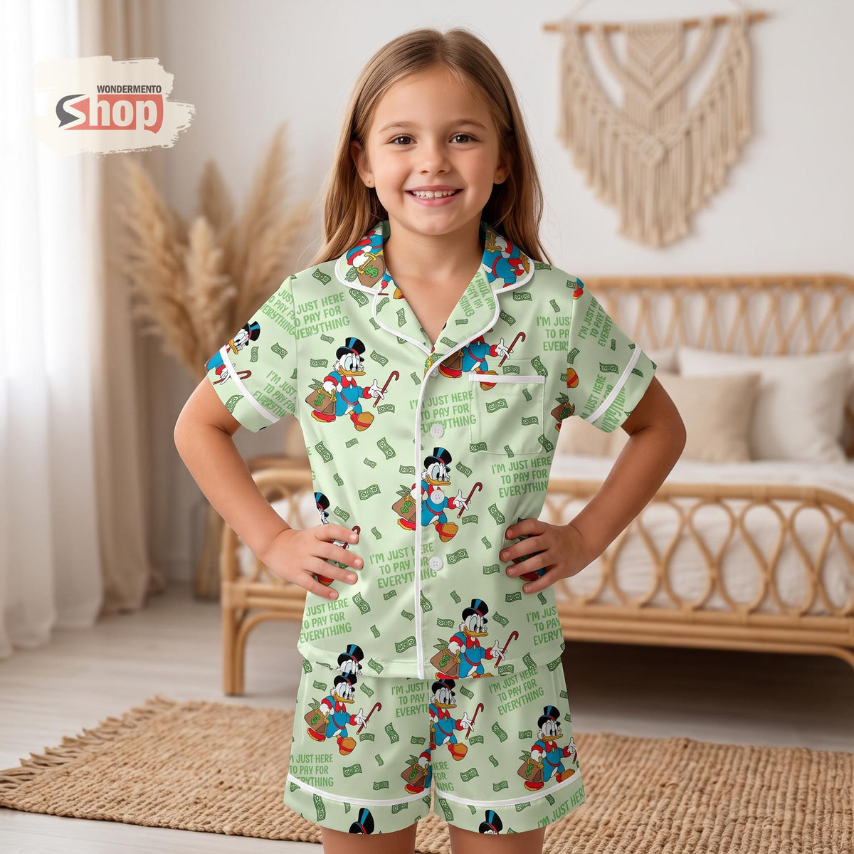 Scrooge McDuck Kids Satin Pajamas Set, DuckTales Money Toddler Short PJs, Green Cartoon Sleepwear, Birthday Gift for Girls and Boys