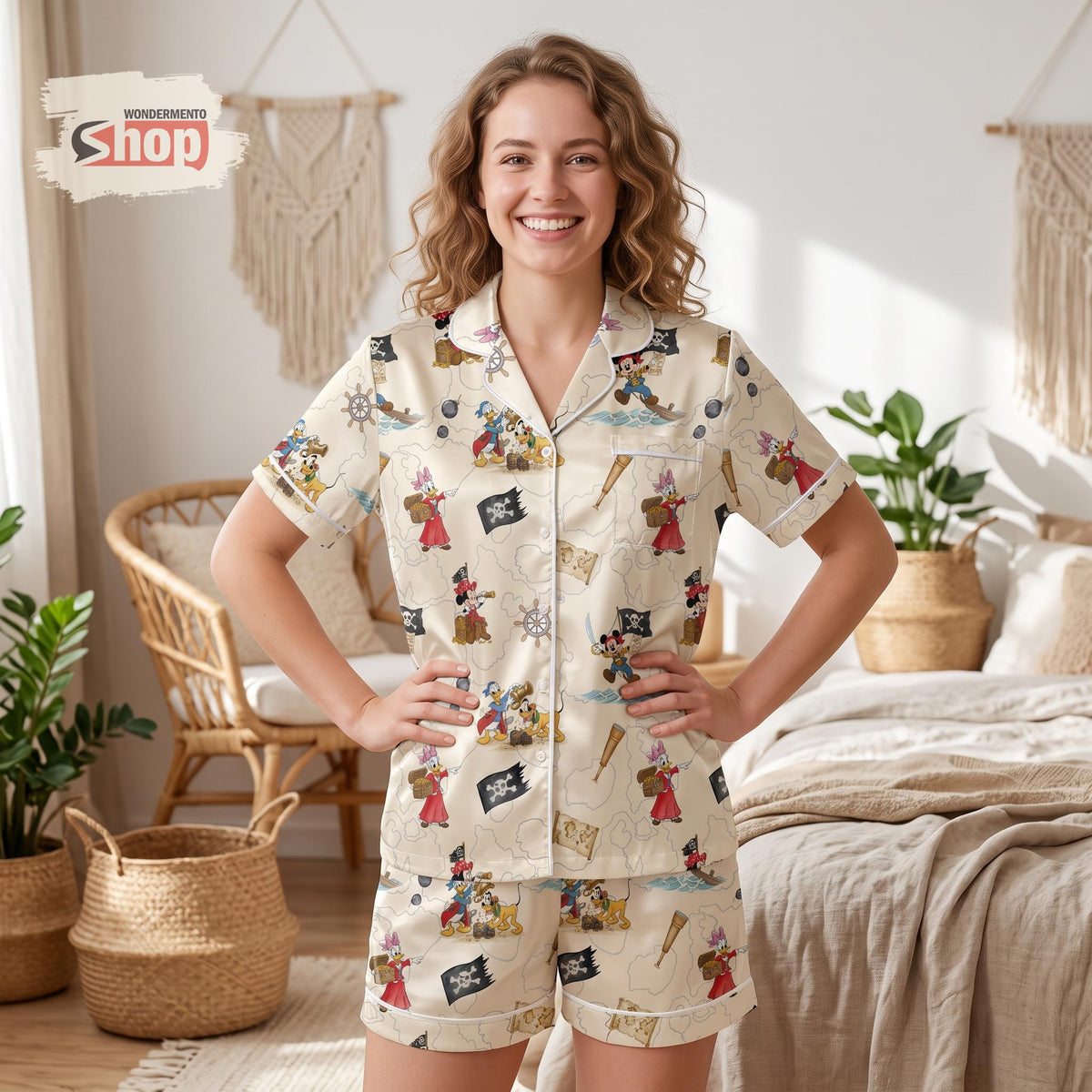Retro Mickey and Friends Pirate Women Satin Pajamas Set, Disney Cruise Short PJs, Treasure Map Sleepwear, Vacation Birthday Gift for Her