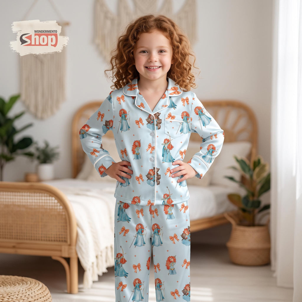 Merida Brave Kids Satin Pajamas Set, Disney Princess Long PJs, Light Blue Bow Sleepwear, Cute Birthday Gift for Girls and Toddlers