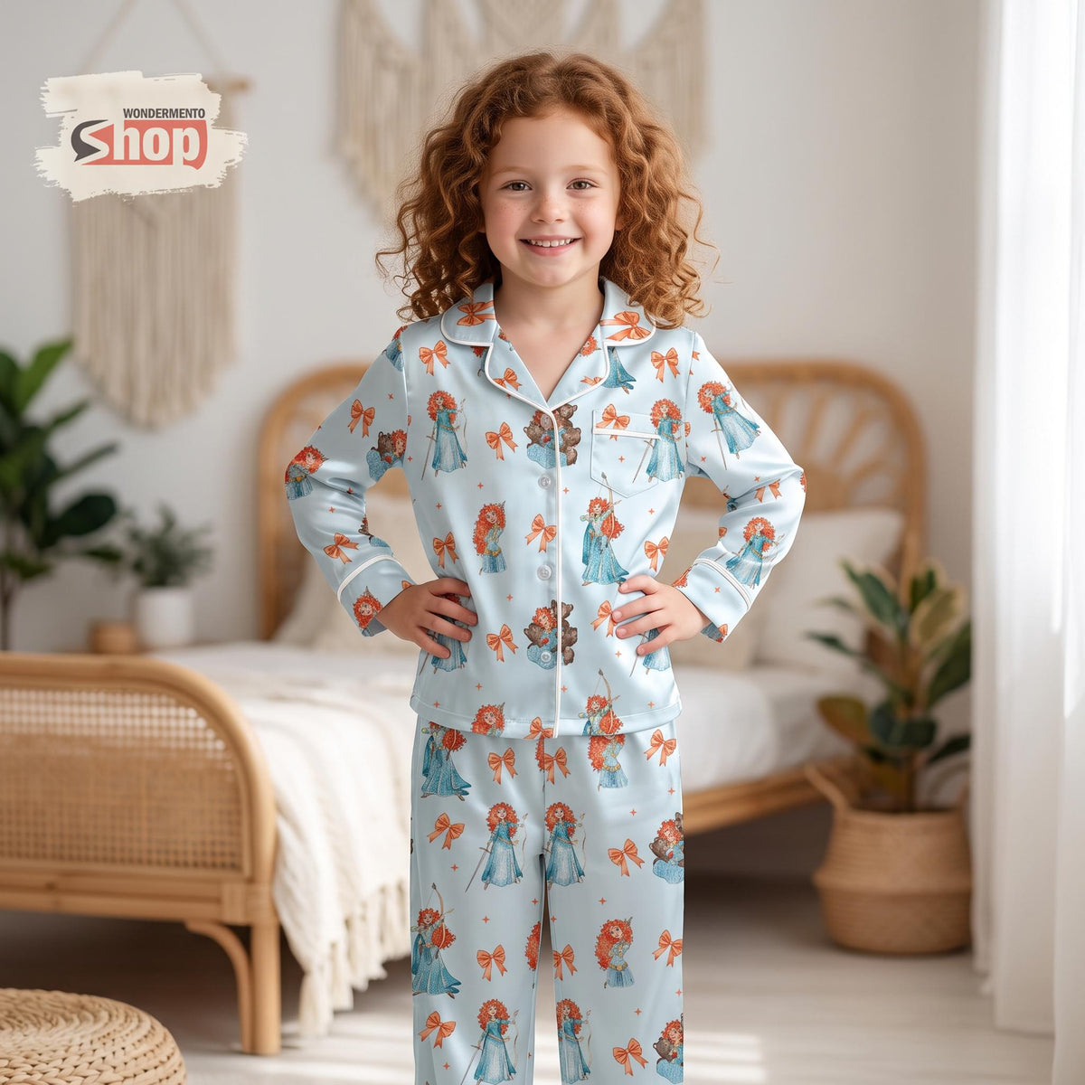 Merida Brave Kids Satin Pajamas Set, Disney Princess Long PJs, Light Blue Bow Sleepwear, Cute Birthday Gift for Girls and Toddlers