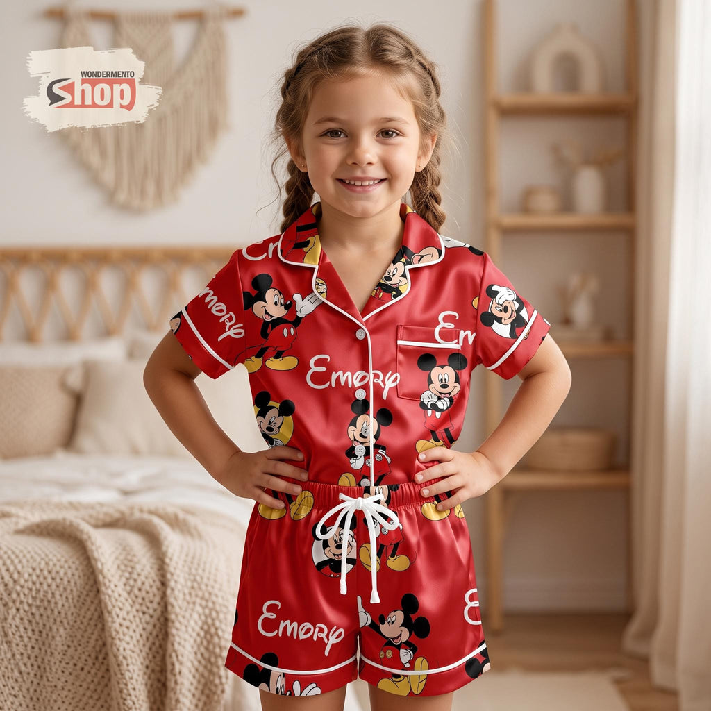 Personalized Mickey Mouse Kids Satin Pajamas Set, Custom Name Red Toddler Short PJs, Disney Sleepwear, Birthday Gift for Girls and Boys