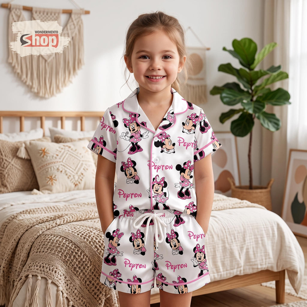 Personalized Minnie Mouse Kids Satin Pajamas Set, Custom Name Pink Toddler Short PJs, Disney Sleepwear, Cute Birthday Gift for Girls