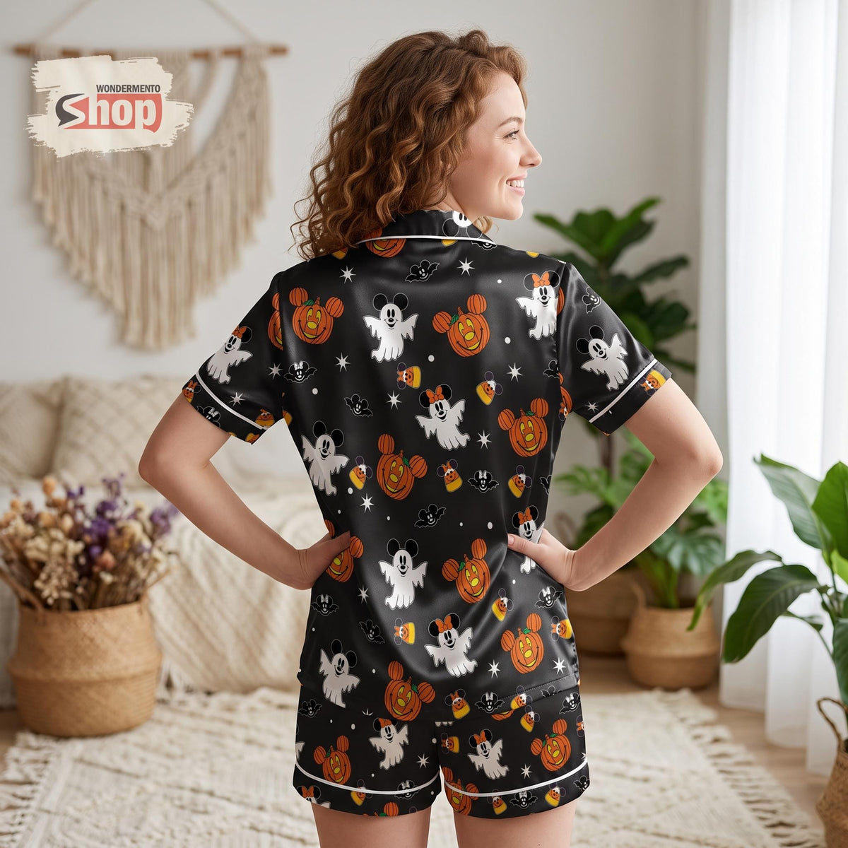 Mickey Minnie Halloween Women Satin Pajamas Set, Boo Ghost Pumpkin Short PJs, Disney Fall Sleepwear, Halloween Party Gift for Women