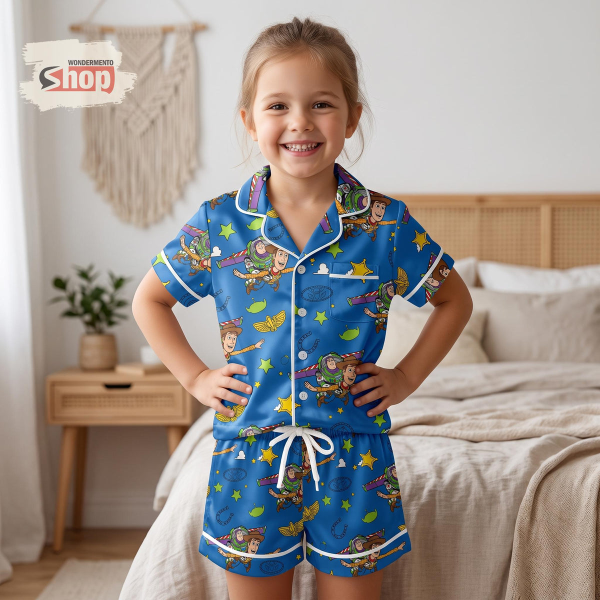 Toy Story Buzz Lightyear and Woody Kids Satin Pajamas Set, To Infinity and Beyond Short PJs, Blue Disney Sleepwear, Birthday Gift for Kids