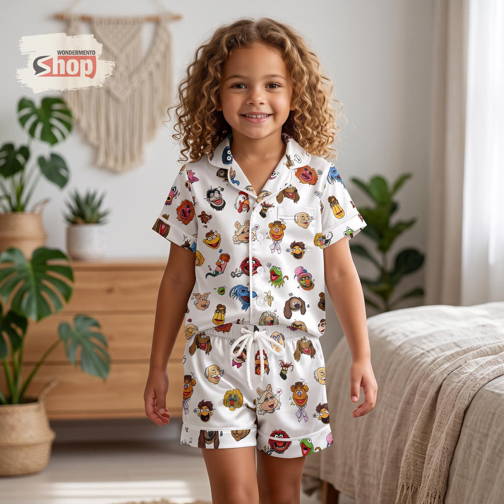 The Muppets Kids Satin Pajamas Set, Kermit Frog Gonzo Animal Short PJs, White Character Sleepwear, Birthday Gift for Boys and Girls