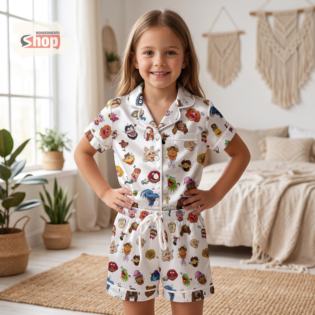 The Muppets Kids Satin Pajamas Set, Kermit Frog Gonzo Animal Short PJs, White Character Sleepwear, Birthday Gift for Boys and Girls