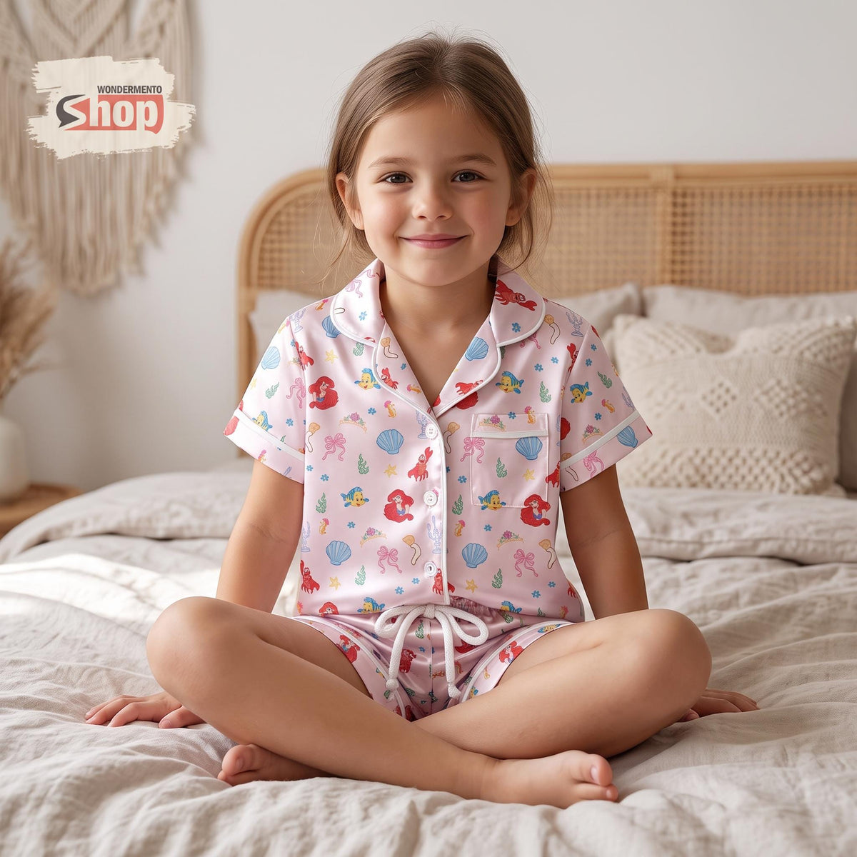 Ariel Little Mermaid Kids Satin Pajamas Set, Disney Princess Pink Short PJs, Flounder Sebastian Sleepwear, Birthday Gift for Girls