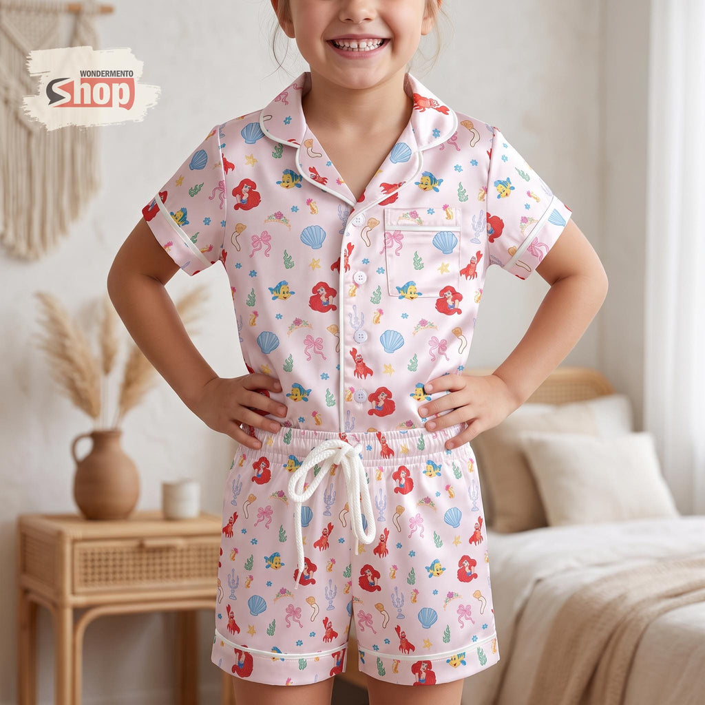 Ariel Little Mermaid Kids Satin Pajamas Set, Disney Princess Pink Short PJs, Flounder Sebastian Sleepwear, Birthday Gift for Girls