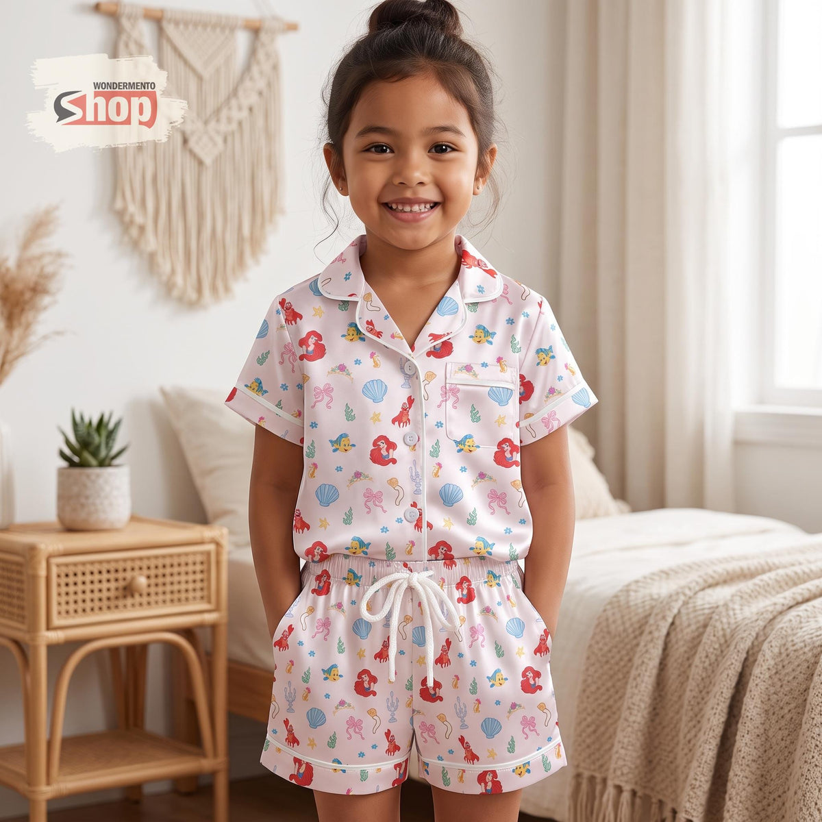Ariel Little Mermaid Kids Satin Pajamas Set, Disney Princess Pink Short PJs, Flounder Sebastian Sleepwear, Birthday Gift for Girls