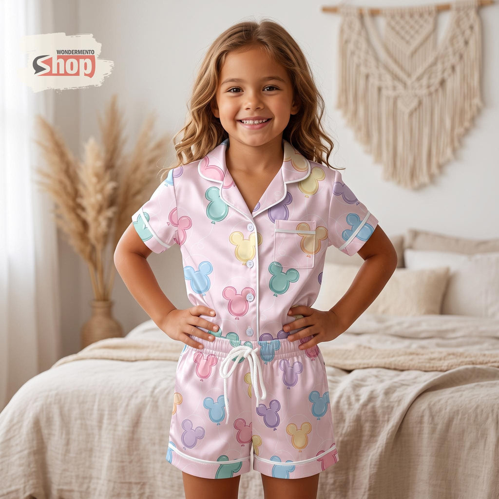 Mickey Mouse Balloon Kids Satin Pajamas Set, Pastel Pink Toddler Short PJs, Disney Vacation Sleepwear, Cute Birthday Gift for Girls