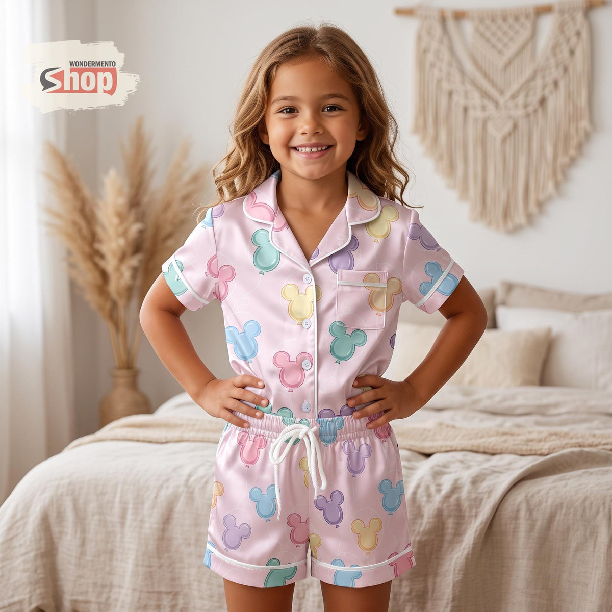 Mickey Mouse Balloon Kids Satin Pajamas Set, Pastel Pink Toddler Short PJs, Disney Vacation Sleepwear, Cute Birthday Gift for Girls