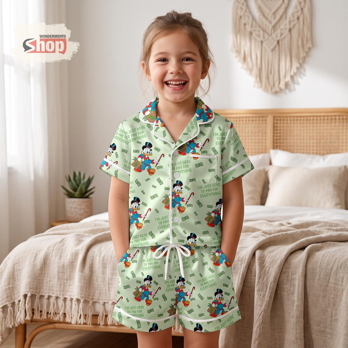 Scrooge McDuck Kids Satin Pajamas Set, DuckTales Money Toddler Short PJs, Green Cartoon Sleepwear, Birthday Gift for Girls and Boys