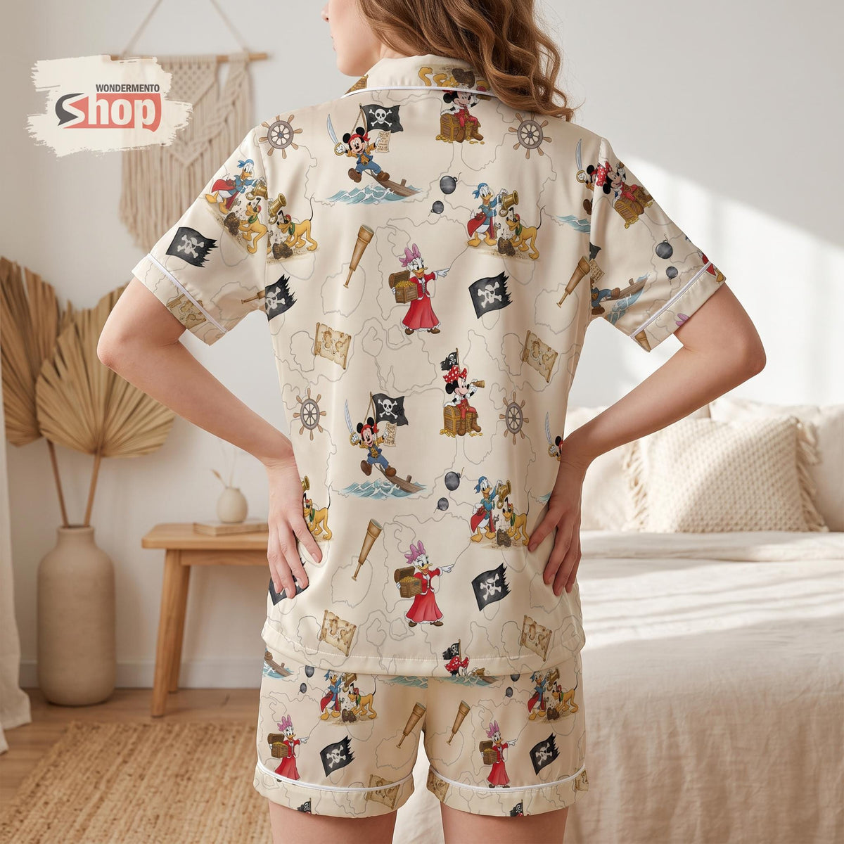 Retro Mickey and Friends Pirate Women Satin Pajamas Set, Disney Cruise Short PJs, Treasure Map Sleepwear, Vacation Birthday Gift for Her
