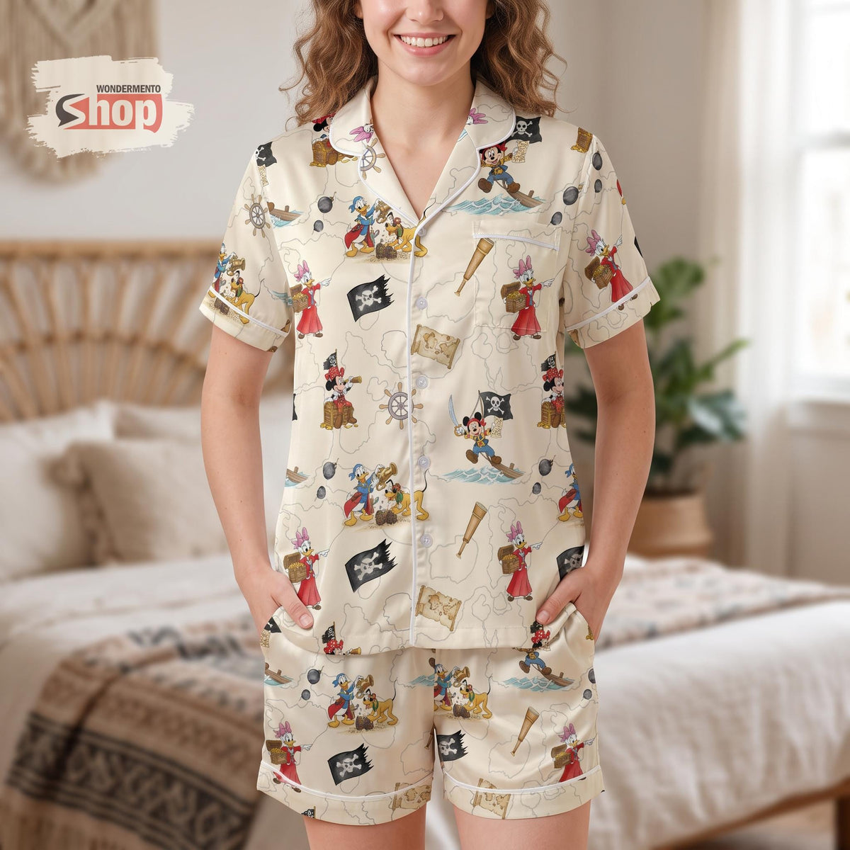 Retro Mickey and Friends Pirate Women Satin Pajamas Set, Disney Cruise Short PJs, Treasure Map Sleepwear, Vacation Birthday Gift for Her