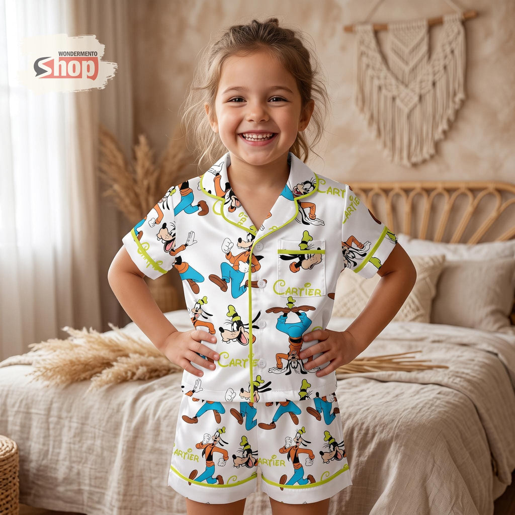 Custom Name Goofy Kids Satin Pajamas Set, Disney White Short PJs, Personalized Cartoon Sleepwear, Birthday Gift for Boys and Girls